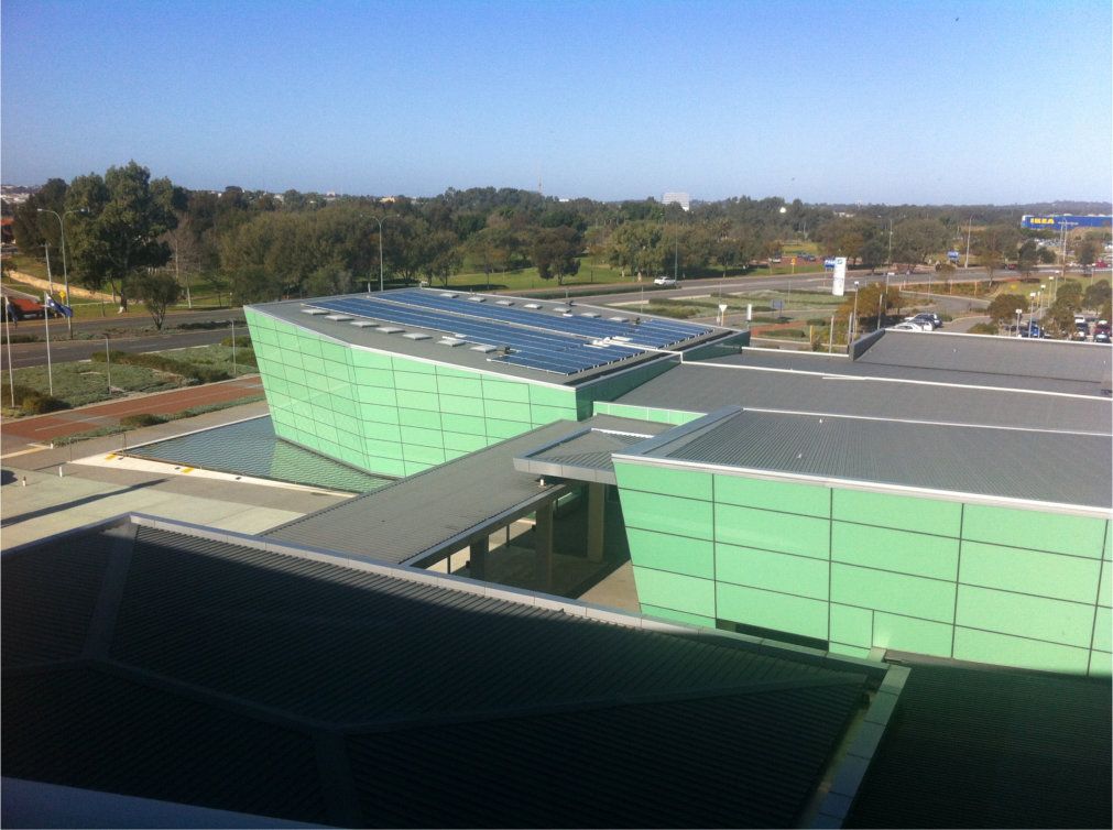 Aerial view of the Stirling Administration building with rooftop solar